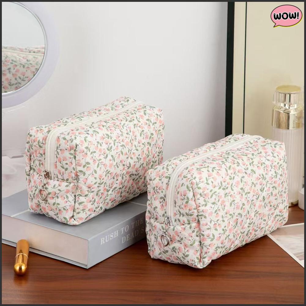 Cute Pink Floral Quilted Makeup Bag Multi-Purpose Portable Cosmetic Storage Pouch Compact Coin Storage Toiletry Organizer