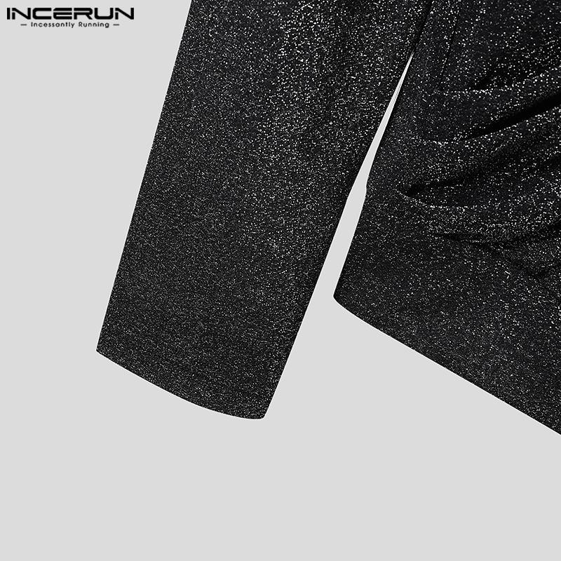 INCERUN Men V Neck Long Sleeve Glitter Front Cross See Through Tops T-shirts