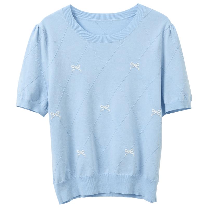 Sancai Bowknot Embroidered Short-Sleeve Knit Top M