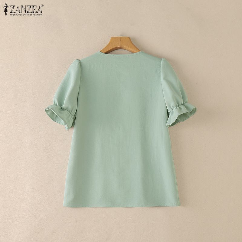 ZANZEA Women Casual Round Neck Solid Color Short Sleeve Blouse