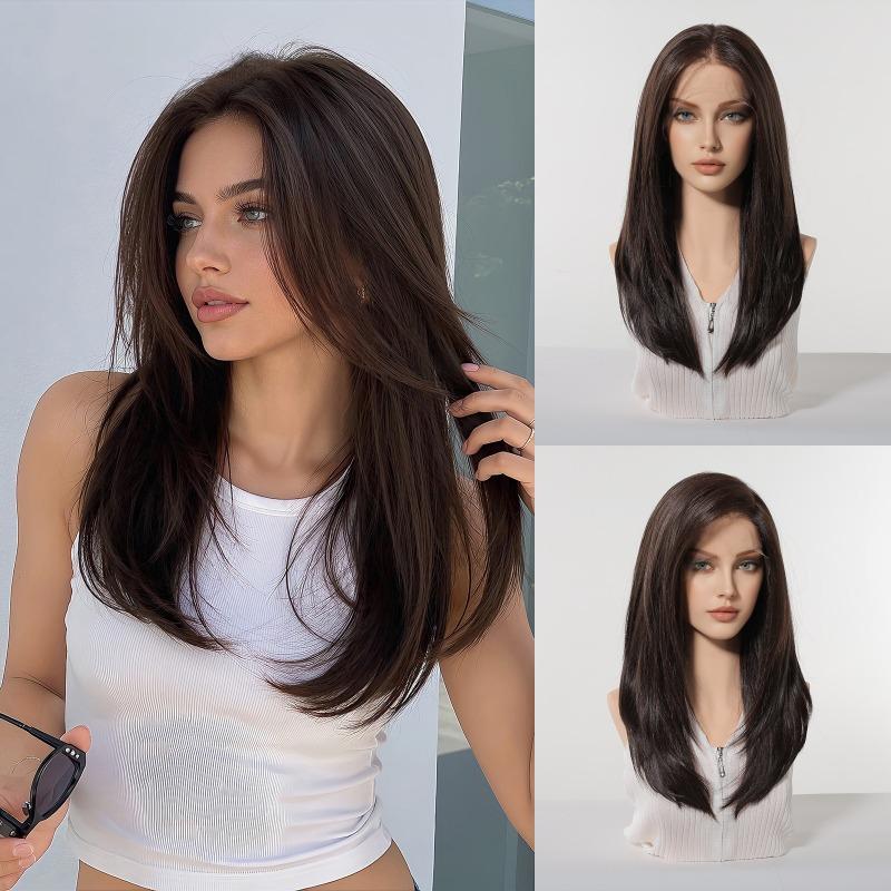 * HD large area lace wig medium black brown long straight hair fashion full hood lace Wig