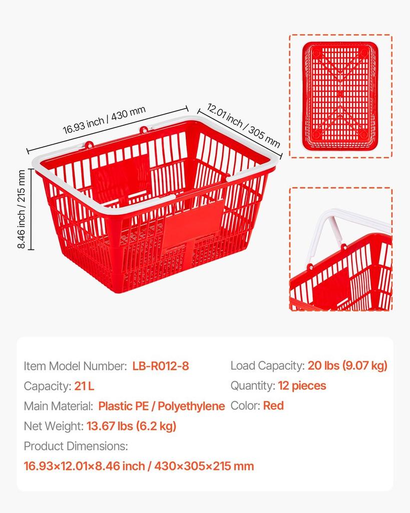 Shopping Baskets, 12 PCS, 21L Stackable PE Plastic Grocery Baskets with Handles, Dense Mesh Structure, Holds up to 9.07kg, Portable for Grocery,
