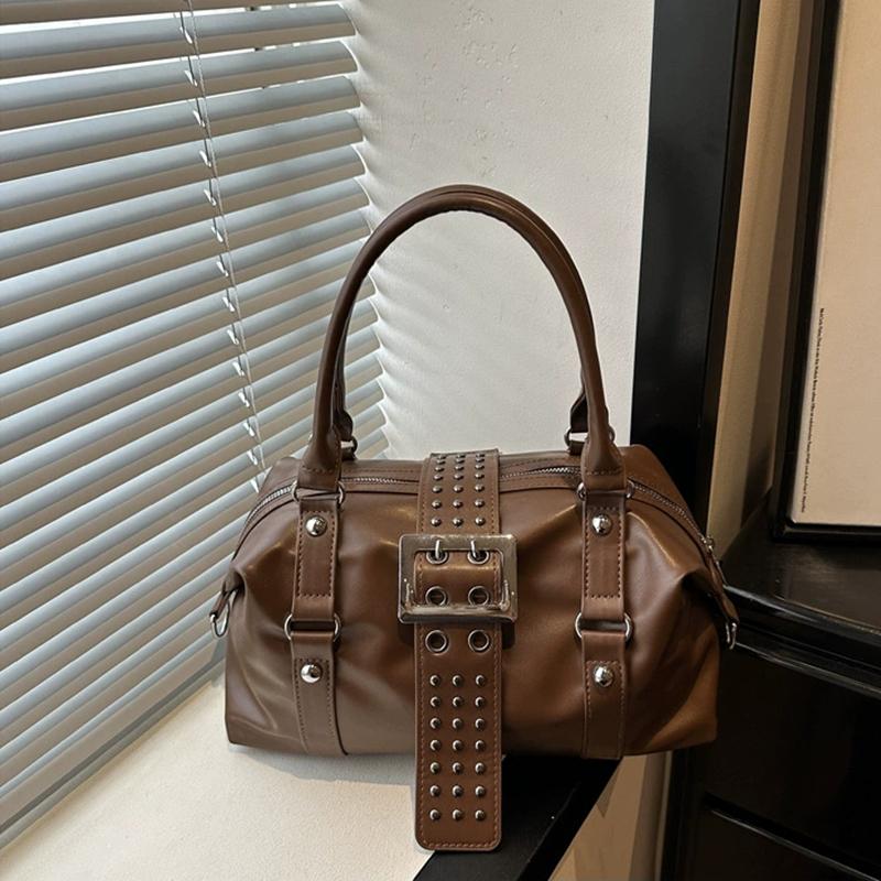 Yogodlns Women Y2K Bowling Handbag Retro Metal Buckle Design Shoulder Bag Vintage Faux Leather Detachable Strap Crossbody Bag for Shopper