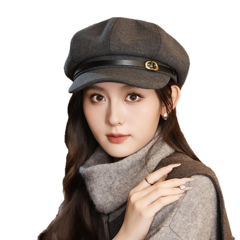 British Style Hat for Women's Autumn and Winter Retro Newspaper Hat Casual Versatile Beret Windproof Face Painter Hat