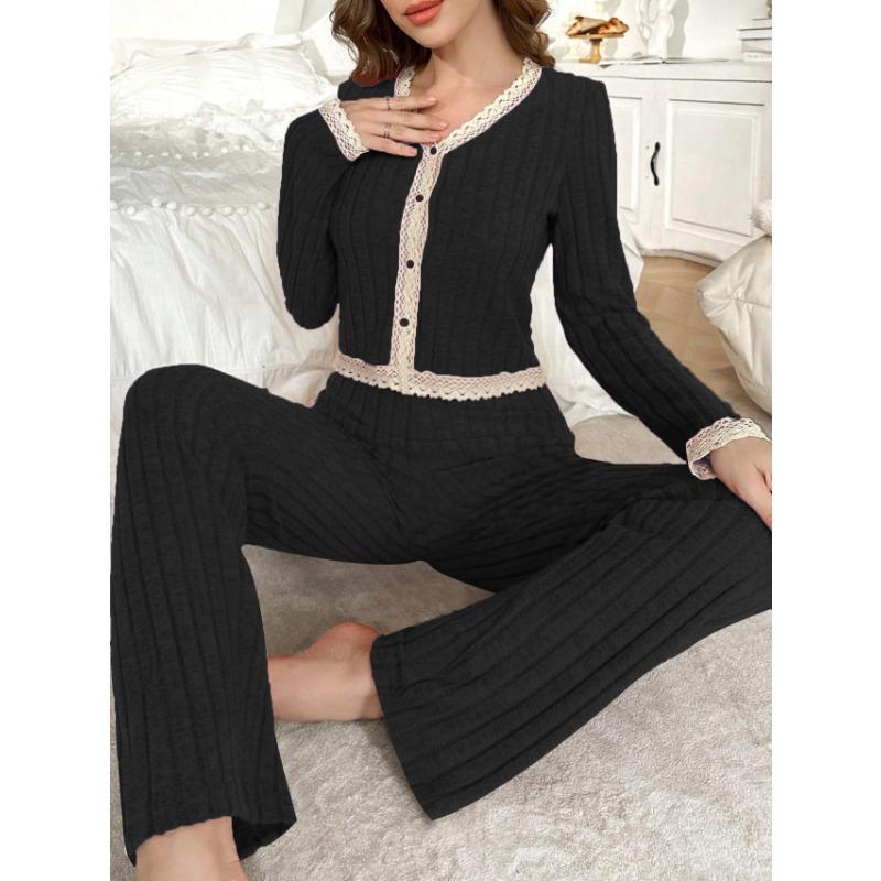 Spring autumn Women Cardigan Sleepwear solid lace Trim Pajamas Set casual sexy crop Tops and Long Trousers Loungewear Nightwear