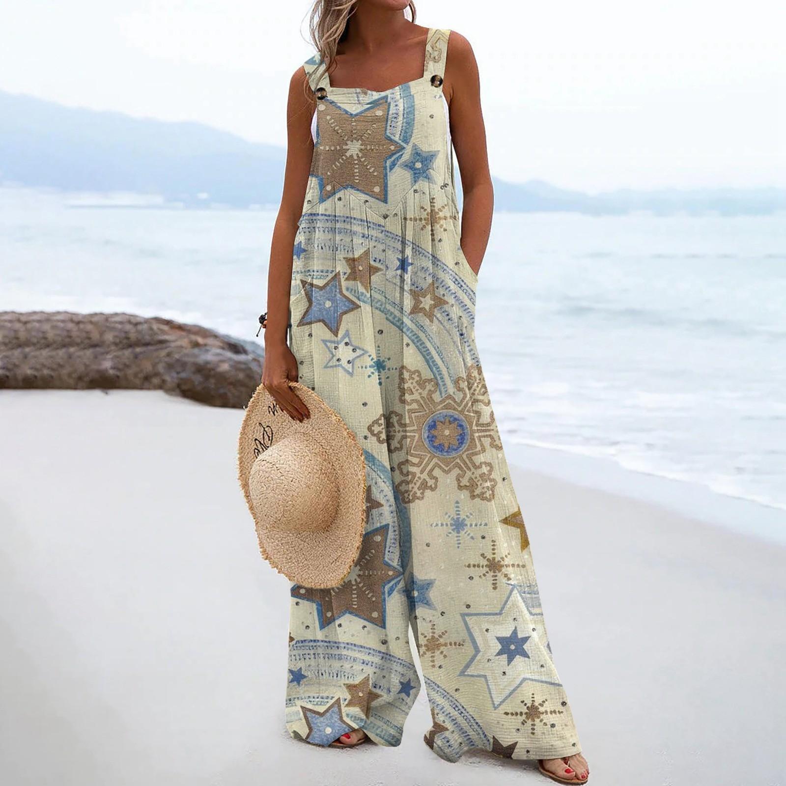 

Широкий комбинезон для женщин, повседневный свободный комбинезон без рукавов с принтом и пуговицами, длинные брюки, комбинезон с карманами M бежевый