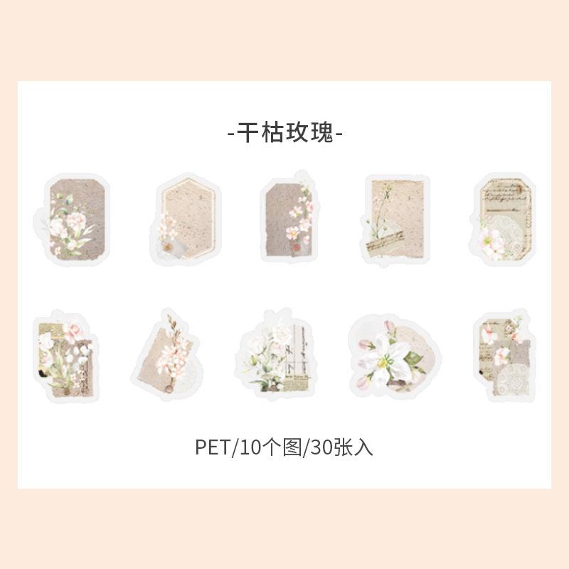 1pack/30pcs Vintage Light-Colored Floral Sticker Pack Soft Pastel Flower Patterns Self-Adhesive for Journal DIY Scrapbook Deco