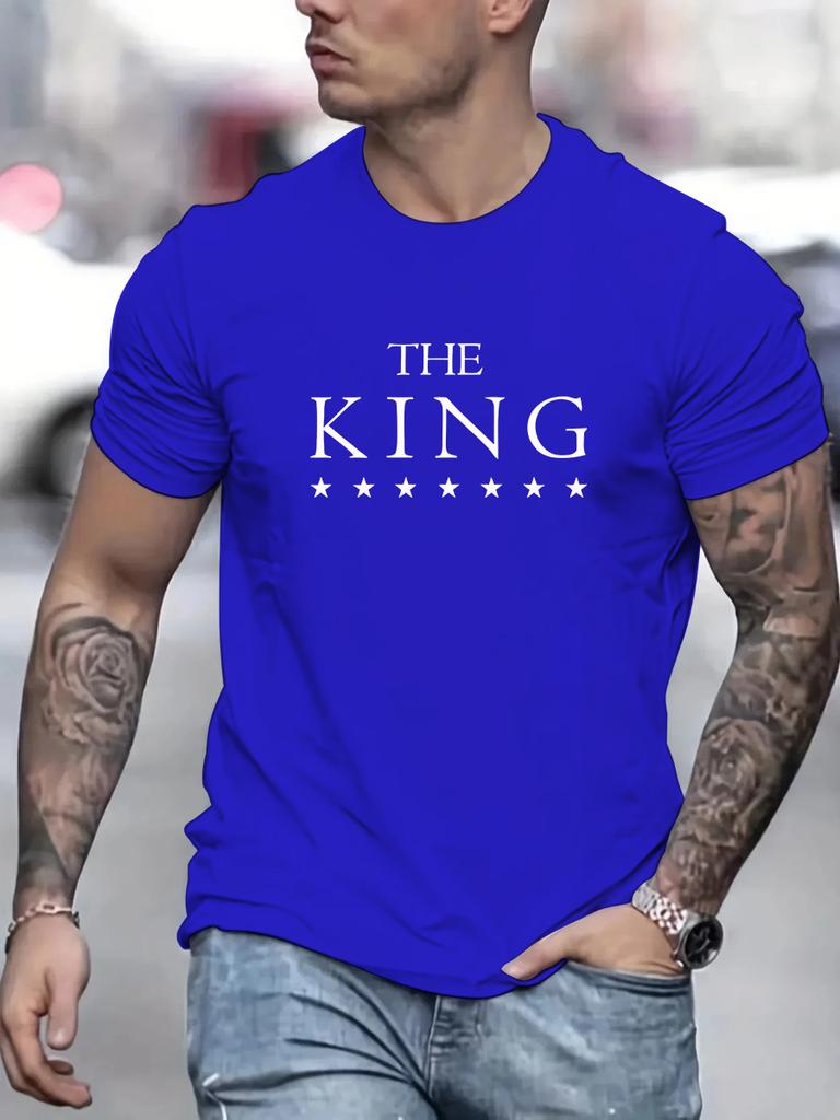 THE KING Letter Printed Men's Summer 100 Cotton Fashionable Casual Sports Loose Round Neck Short Sleeved T-shirt Top