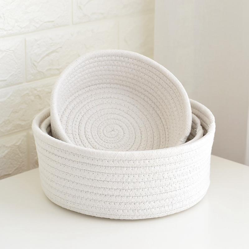 Hand-woven Storage Basket Knitting Cotton Round Storage Plate for Bedside Tabletop Snacks Sundries Key Cosmetics Organizer Box