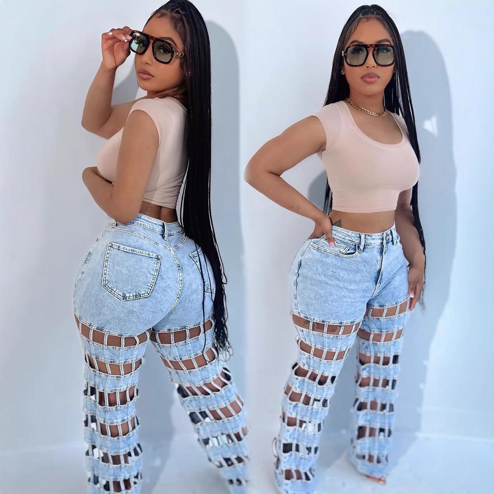 Women's High Waisted Cargo Pants with Grid Cut Out Design Light Blue Denim Look Trousers