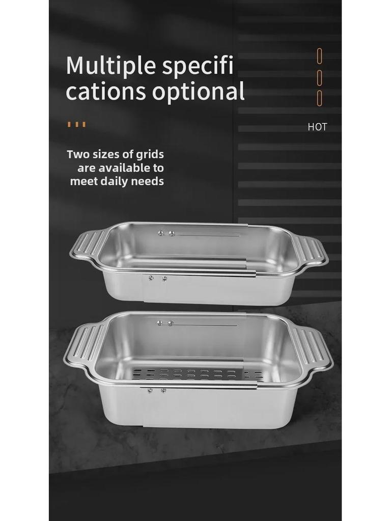 Universal 304 Stainless Steel Retractable Drain Basket for Sink - Rectangular, Thickened & Lengthened for Vegetable Washing