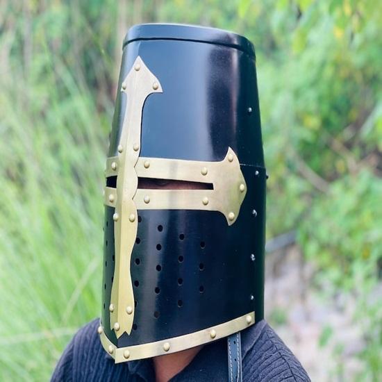 Medieval Black Brass Crusader Templar Helmet Steel Brass Knight Armor Cosplay Helmet LARP Reenactment Gear Collectibles Gift