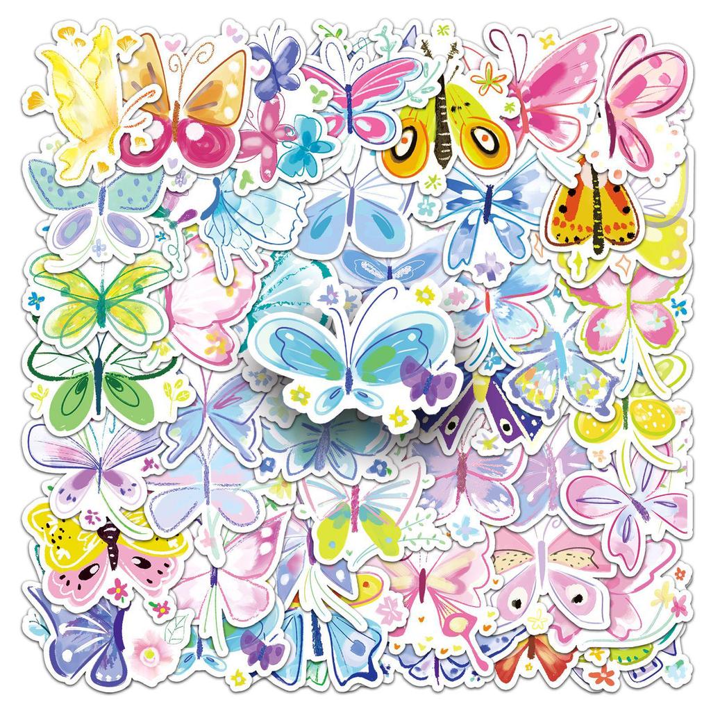 50 Waterproof Stickers: Watercolor Butterfly & Cartoon Animal Designs for Notebooks, Phone Cases, and Planners