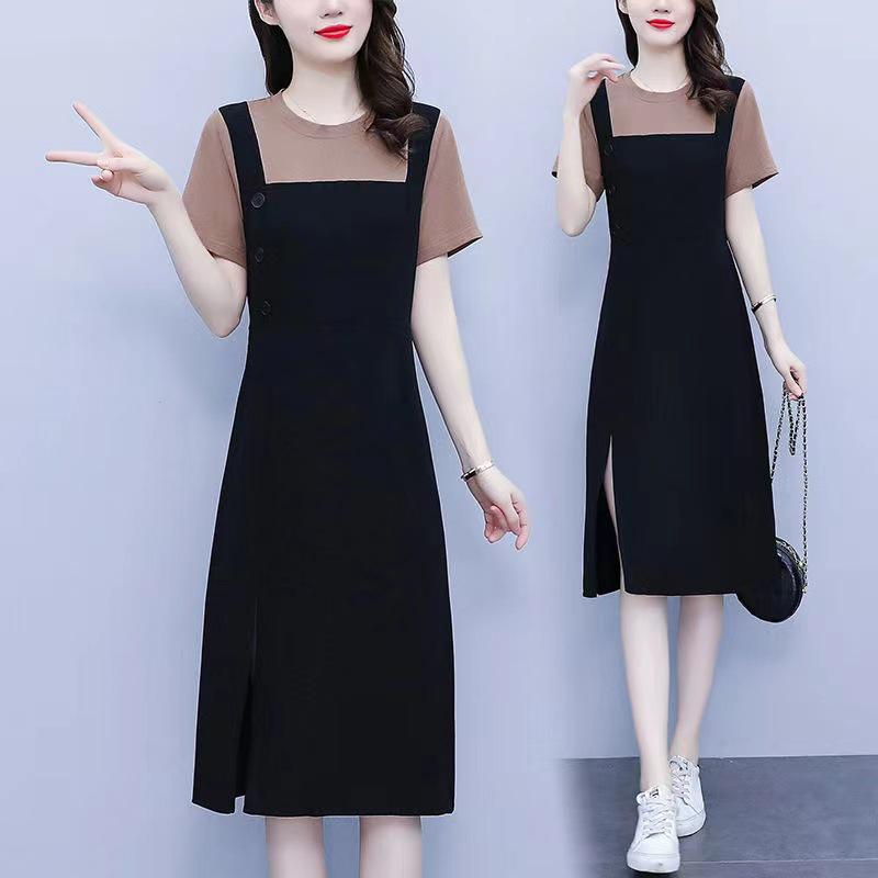 Plus Size Women's Two-Piece Splice Casual Loose Slim Summer Slit Dress