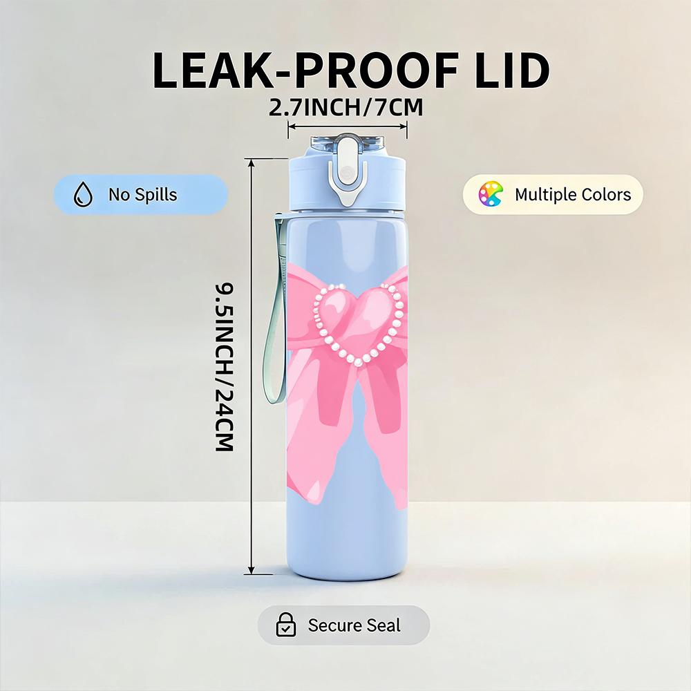 1PC Simple Large Pink Bow 750ml Color Plastic Sports Water Bottle Leakproof Flip Straw Lid Suitable for Sports Office Home Use