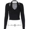 European and American Y2K Off Shoulder V-neck Fake Two Piece Slim Fit Long Sleeved Sexy Hollowed Out Top