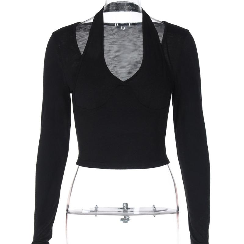 European and American Y2K Off Shoulder V-neck Fake Two Piece Slim Fit Long Sleeved Sexy Hollowed Out Top