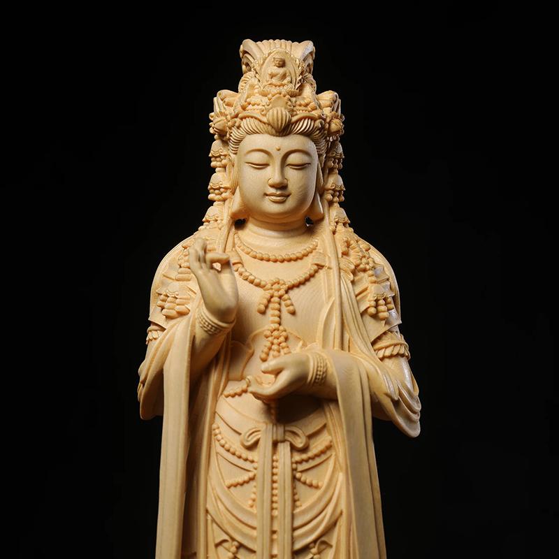 Wooden Buddha Statue Guanyin Statue Solid Wood Carving Home Living Room Office Buddhist Shrine Wealth Luck Feng Shui Decor