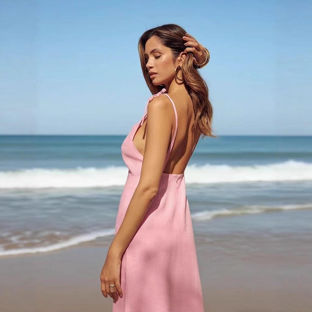 Abito Elegante Francese da Donna Europeo 2025 con Scollo a V sulla Schiena e Spalline Sottili a Vita Alta