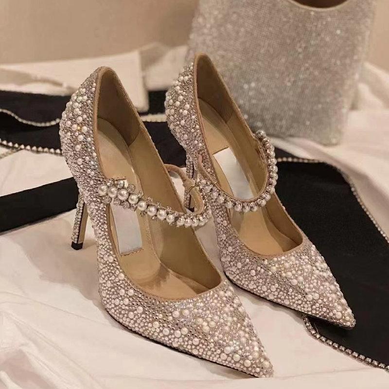 

Fashion Bridesmaids Banquet Heels For Women 2025 New Skinny With Bride Wedding Shoes Dress Pearl Crystal Annual Meeting Single Shoes 34