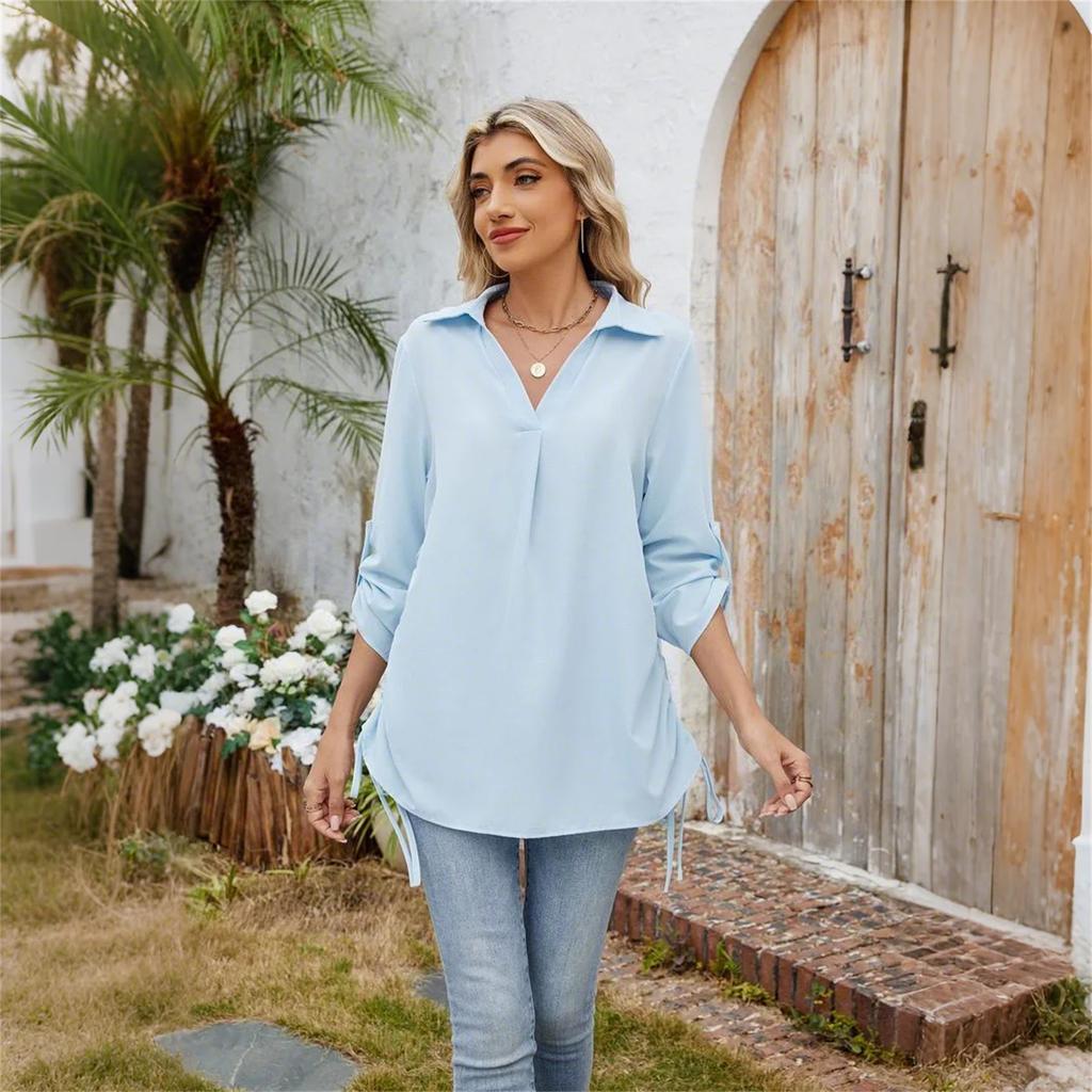 Women's Fashion Casual Solid Color Lapel Mid Sleeve Shirt Loose Top