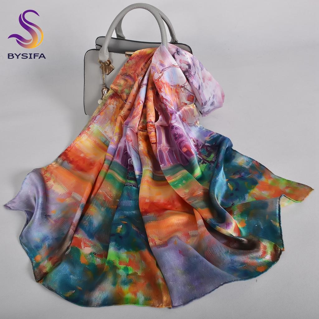 Blue Purple Silk Scarf Foulard Women Brand China Peony Long Scarves Printed Fall Winter100% Silk Ladies Scarf 170*53cm
