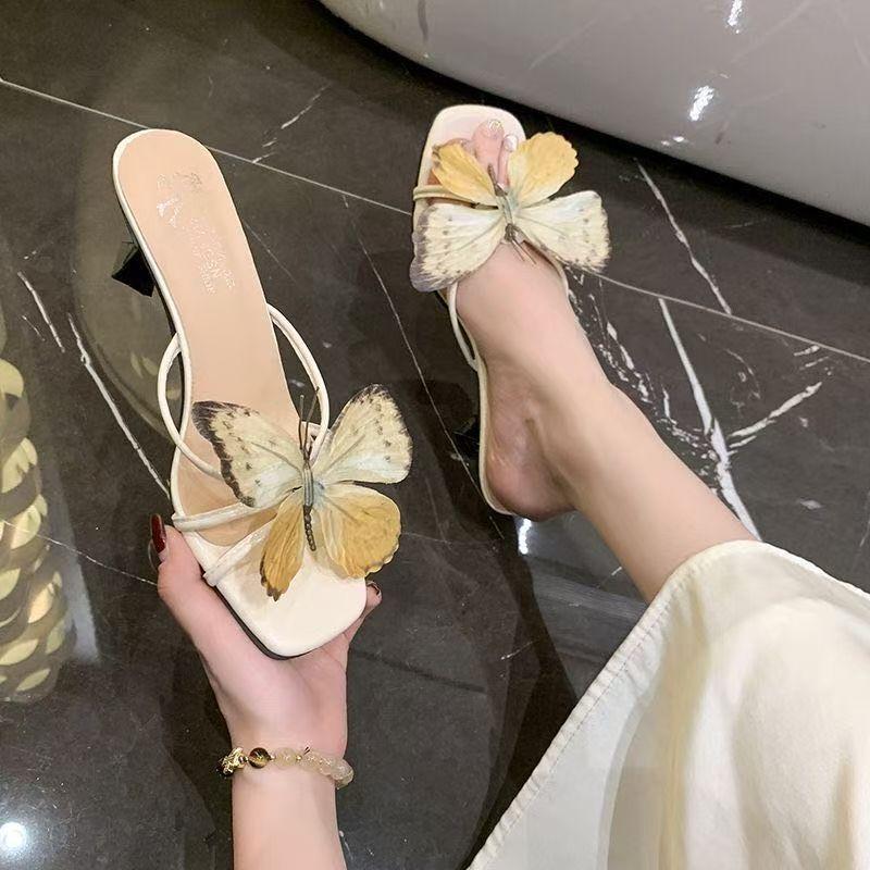 New Butterfly Thick Heel Fashion Vacation High Heel Slippers Women's Summer Wear 2025 French Small Sandals Niche Design Sense