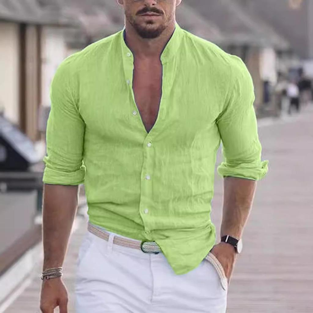 2023 Men's Long Sleeve Hawaiian Beach Shirt - Solid Color Summer Holiday Wear