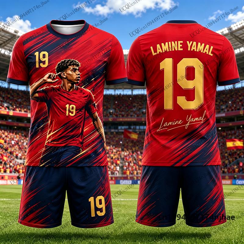 Children's Tracksuit Football Jersey Yamal No.19 Print T-shirt+Shorts Sets Spain Fans Suit Sports Kids 2 Piece Outfits