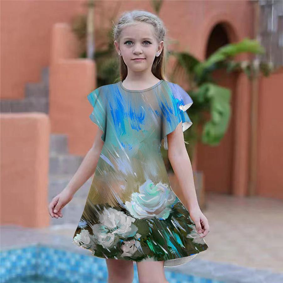 

Зеленые платья с принтом роз и граффити для девочек. Детское праздничное платье для девочек. Свободная облегающая юбка с короткими рукавами для девочек старше четырех лет. 150 циан