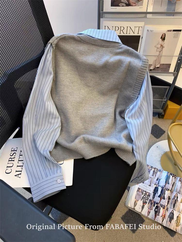 Women's Korean Style Gray Sweater Vest with Striped Faux Two-Piece Shirt