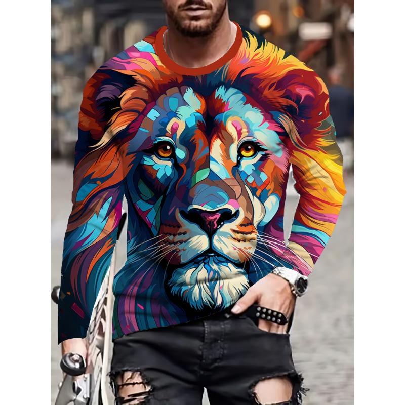 Creative Animal Pattern 3D Print Men's Long Sleeve T-Shirt Tiger Lion Bear Graphic O-Neck Tees Autumn Daily Casual Men Clothing