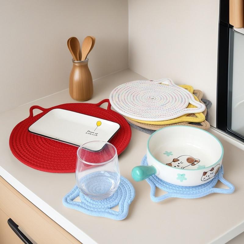 1Pc Cotton Rope Woven Insulation Pad Design Dining Table Tray Mat Insulation Pad Cartoon Cat Ear Shaped Solid Color Dining Table