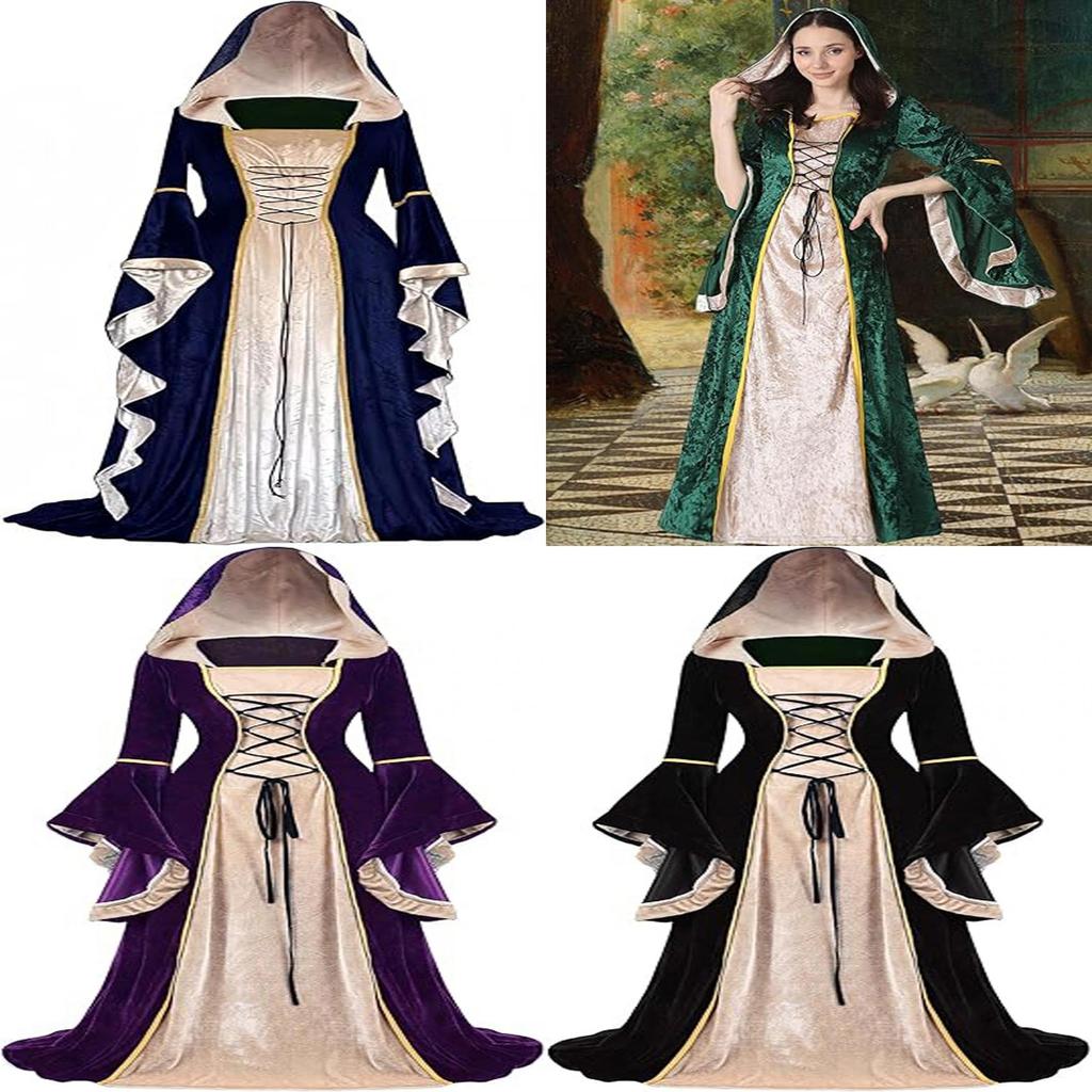 Medieval Vintage Court Dress With Velvet Fabric And Puff Sleeves For Halloween Costume Enthusiasts