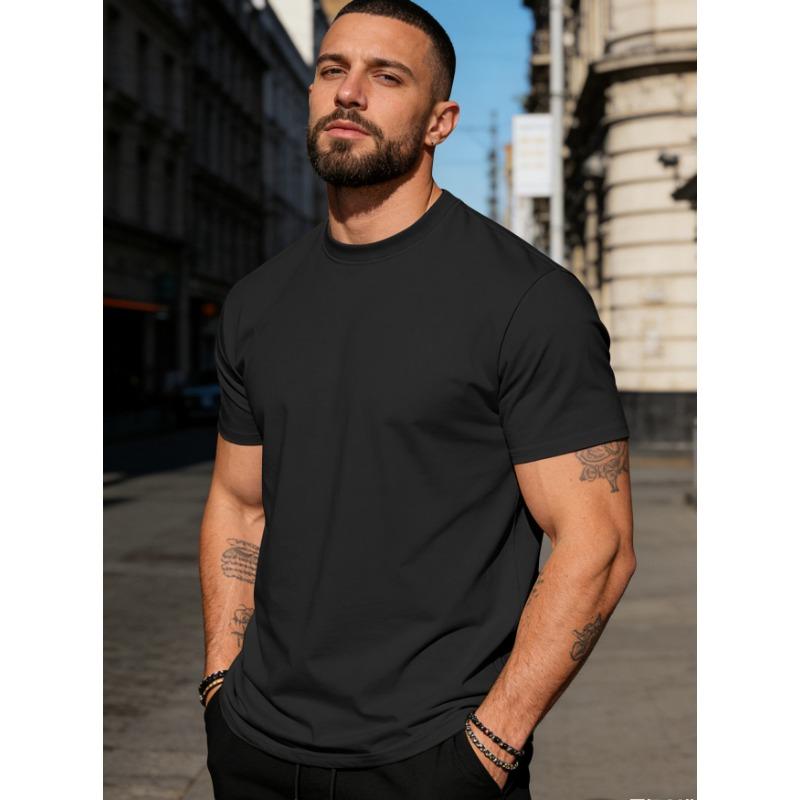Spring Summer Men's 100% Cotton Crew Neck Short Sleeve T-Shirt Casual Solid Color Tee