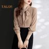 Women Shirt Stand Collar Lace-up Bowknot Long Sleeve Pleated Pullover Tops Solid Color Loose Fit Chiffon Blouse