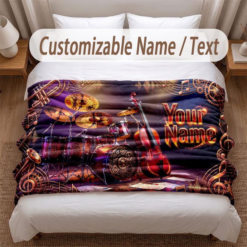 Music Theme Soft Blanket Personalized Custom Name Text Print Warm Blanket Home Sofa Bedroom Decor