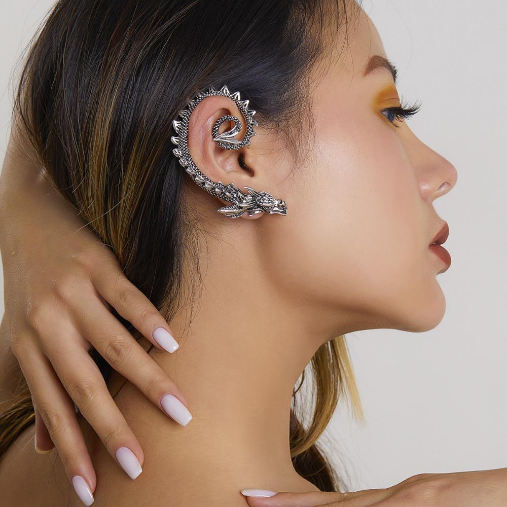 Punk Personality Single Ancient Silver Dragon Shape Stud Earring Ear Hanging for Women Hip-hop Street Style Hot Girl Jewelry