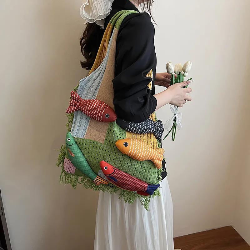 WTEMPO Ethnic-style Crossbody Single Shoulder Bags with Fish Doll Contrast Color Design Versatile Commuting/Shopping Bags Maillard Style Handbag Gifts