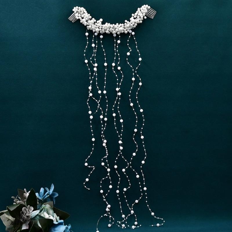 Elegancki Grzebień do Włosów z Perłami dla Panny Młodej Frędzle Koraliki Ślubne Akcesoria do Włosów Biżuteria Damska Wianek do Włosów Długa Opaska Opaski do Włosów