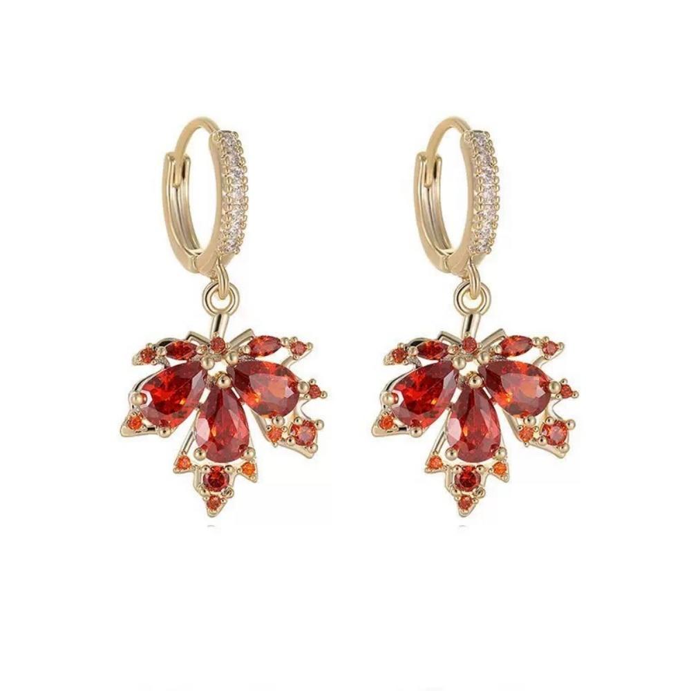 New Golden Red Zircon Maple Leaf Earrings Rings Bracelets Necklaces Women's Trendy Temperament High-end Retro Unique Jewelry