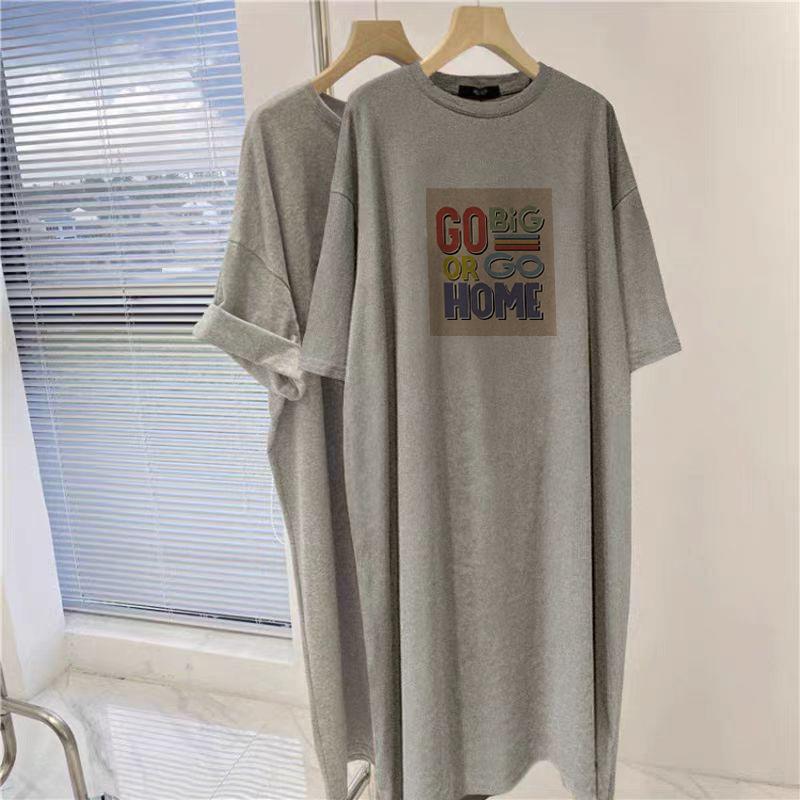 Kurzarmkleid Damen Sommer Übergröße Schlank Baumwolle Mittel und Lang T-Shirt Rock Über Knie Lässig Langer Rock