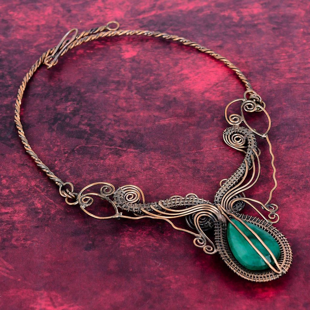 Faceted Zambian Emerald Gemstone Necklace Copper Wire Wrapped Adjustable Necklace