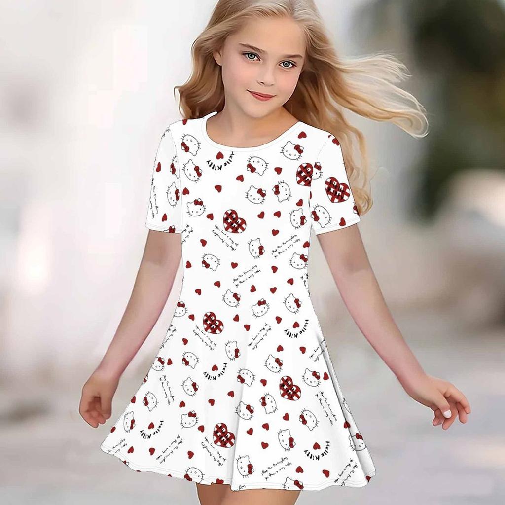 Girls 3D Print Dresses Kids Girl Party Short Sleeve Princess Dress Tank 3D Likable Cartoon Print Dress