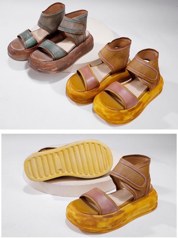 Johnature Genuine Leather Thick Sole Sandals Retro Soft Sole Handmade Women's Flat Platform Shoes