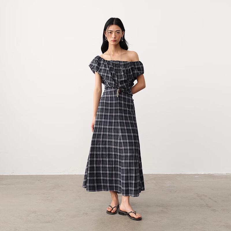 GREEN BELT Blue-Black Plaid Off-Shoulder A-Line Long Dress