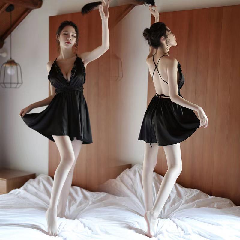 Sexy lingerie nightdress sexy lingerie big chest satin suspender skirt lace-up ruffle pajamas