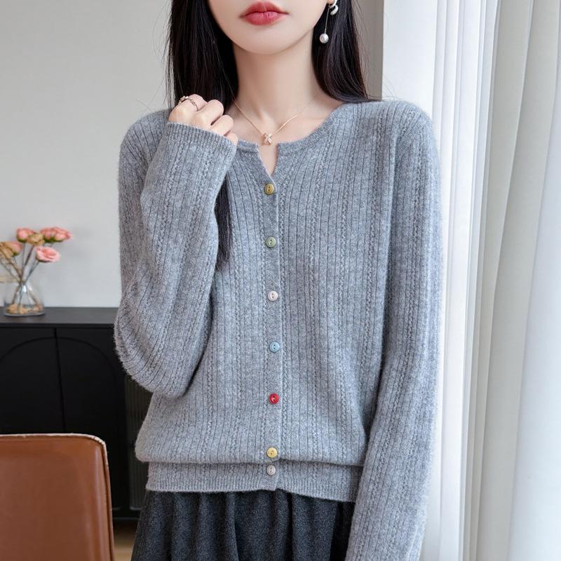 Women's Plus Size Hollow Knit Wool Cardigan - Long Sleeve, Round Neck Sweater Coat