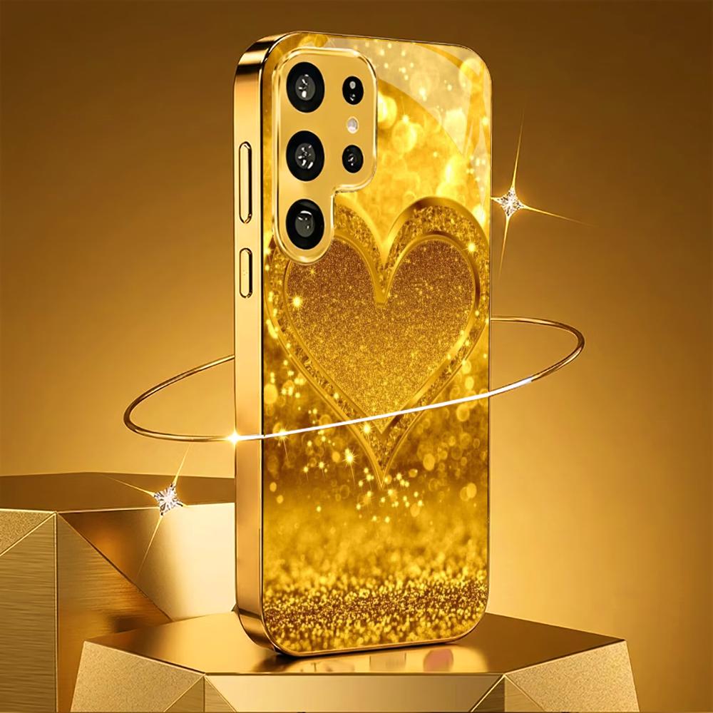 Extra-large golden heart Glass PhoneCase for Samsung Galaxy S26 S25 S24 S23 S22 FE Ultra Plus Built-in glass Gold Exquisite