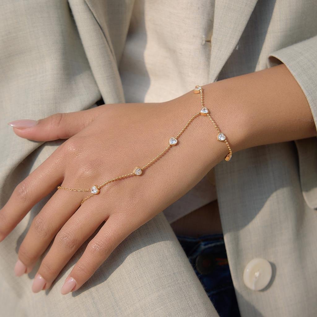 ERESI Waterproof Hand Jewelry 18K Gold Plated 316L Stainless Steel Trendy CZ Heart Bracelet Hand Ring Chain Bracelet for Women